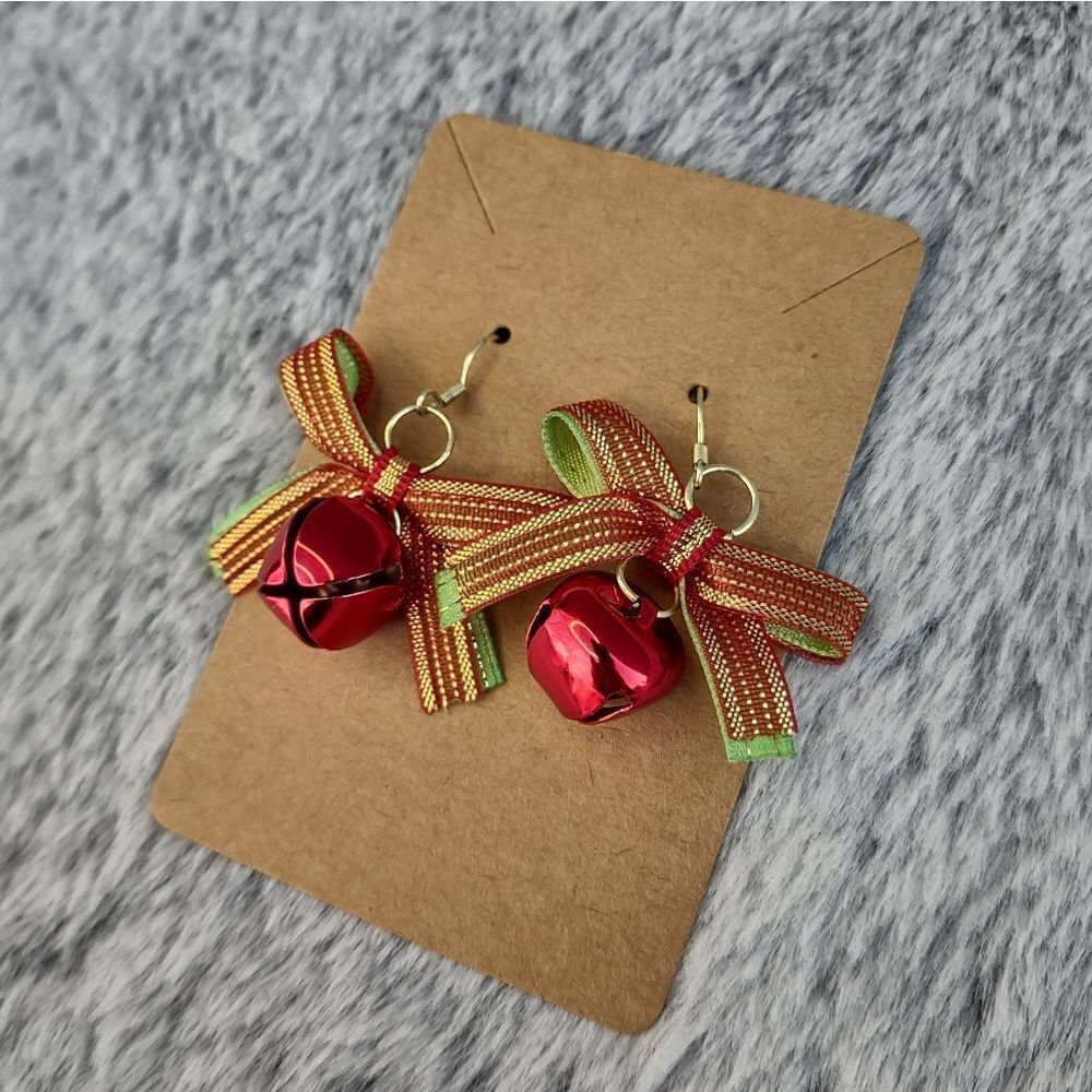 Christmas‎ Ribbon Bows with Bells Dangle Earrings